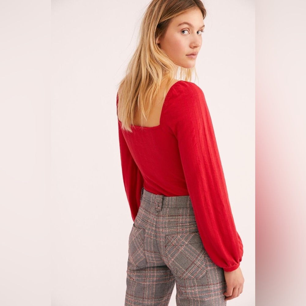 Free People It’s A Date Ribbed Long Sleeve Top Red Size Large - Picture 2 of 9